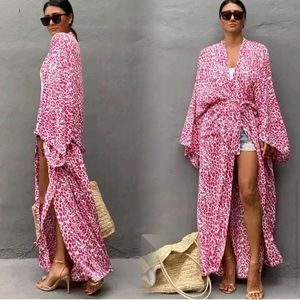 New Leopard Kimono Duster Wrap Jacket Robe Swim Coverup Top with belt